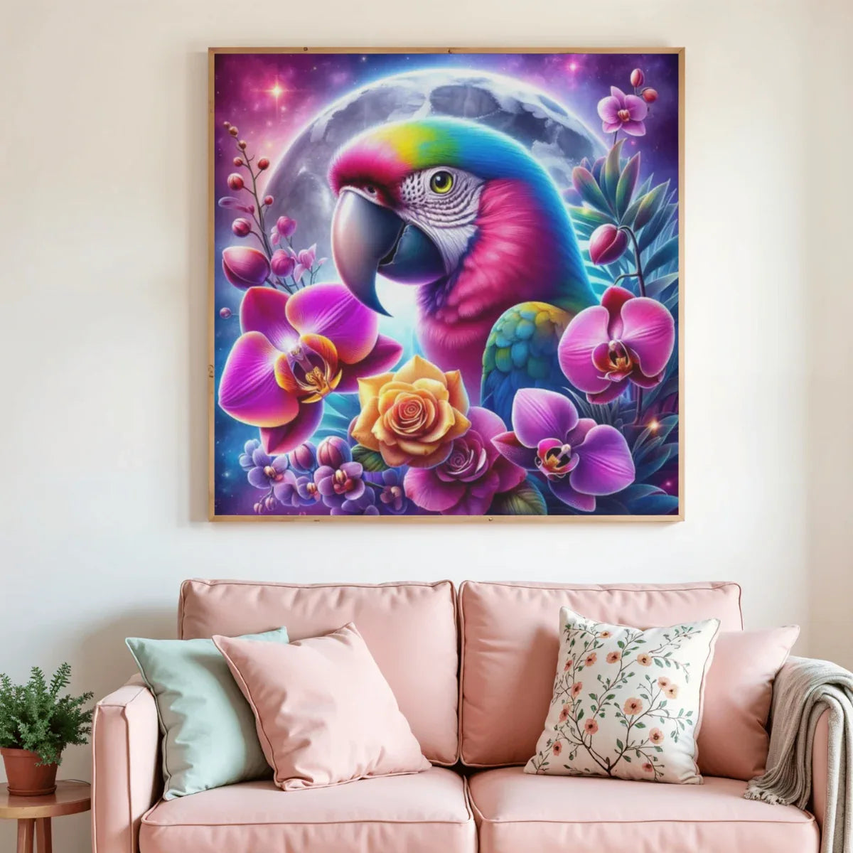 Tableau de diamant encadré : perroquet arc‑en‑ciel entouré de fleurs