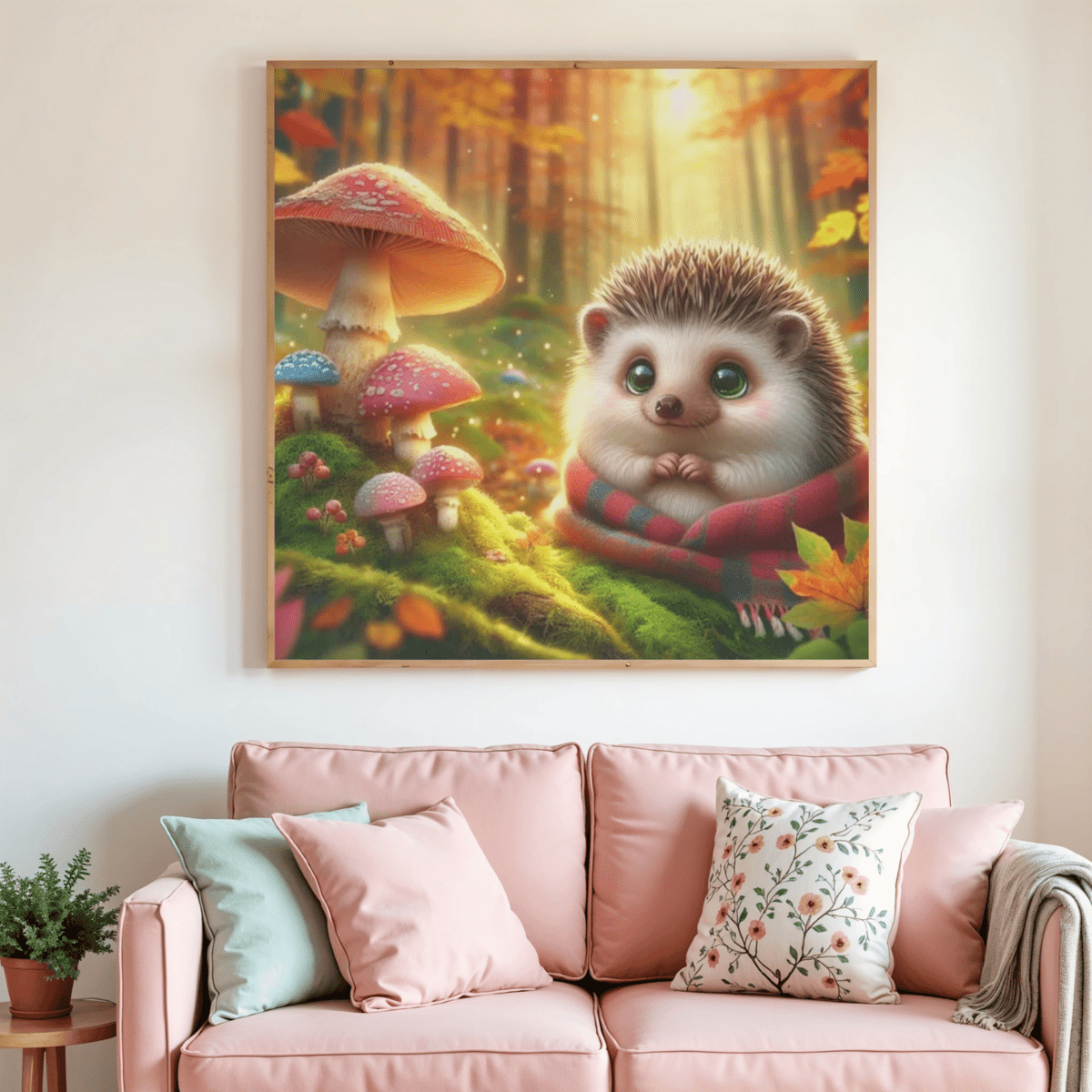 Tableau de diamant petit hérisson d’automne avec champignons et feuilles, cadre plat