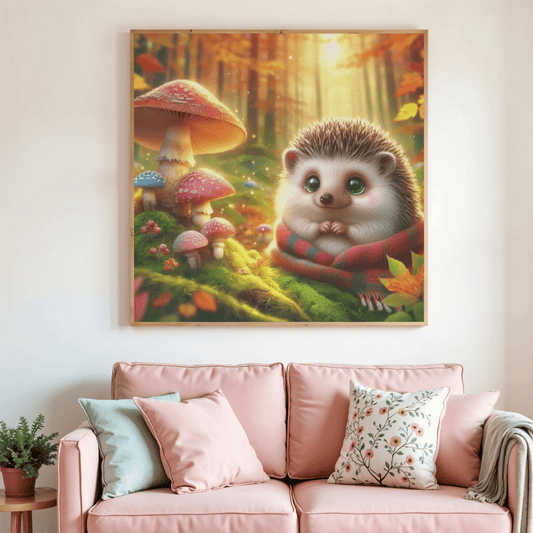 Tableau de diamant petit hérisson d’automne avec champignons et feuilles, cadre plat