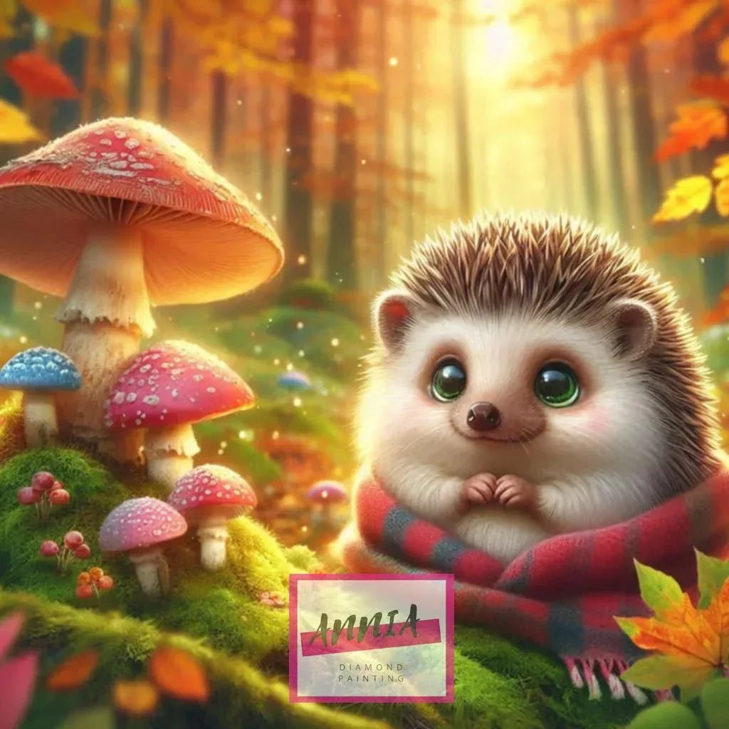 Tableau de diamant petit hérisson, gros plan sur champignons et feuilles d’automne