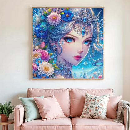 Toile de diamant « Reine des Glaces » au portrait féminin bleu et fleurs