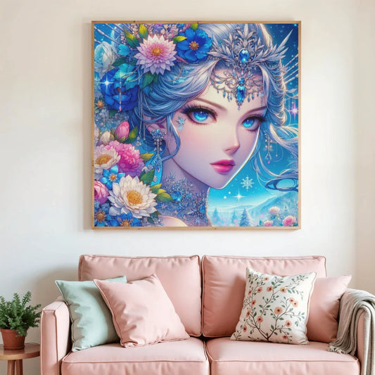 Toile de diamant « Reine des Glaces » au portrait féminin bleu et fleurs