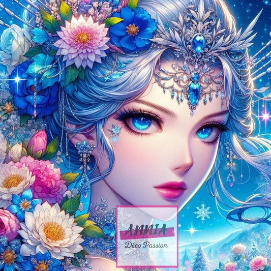 Canevas de diamant « Reine des Glaces » gros plan du visage bleu aux bijoux