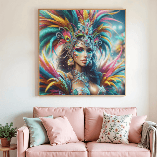 Tableau de peinture diamant encadré, reine masquée aux plumes multicolores