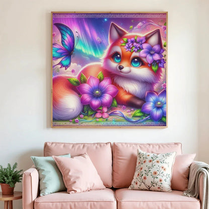 Tableau de peinture diamant encadré carré, renard aux fleurs violettes et papillons