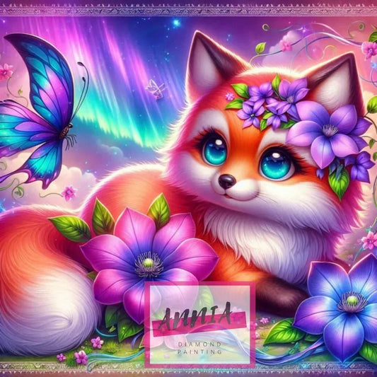 Tableau de peinture diamant avec renard orange aux fleurs violettes et papillons