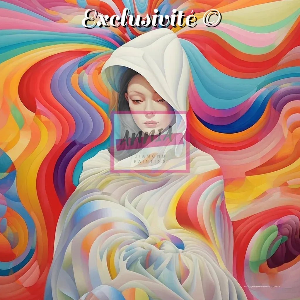 Toile de peinture diamant représentant une femme en voile blanc, aux tourbillons multicolores