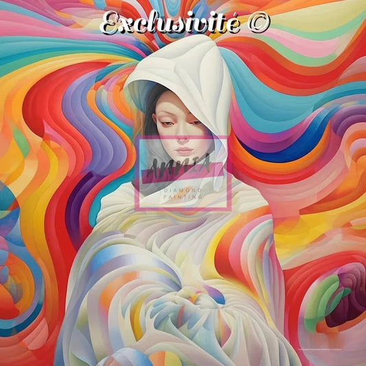 Toile de peinture diamant représentant une femme en voile blanc, aux tourbillons multicolores