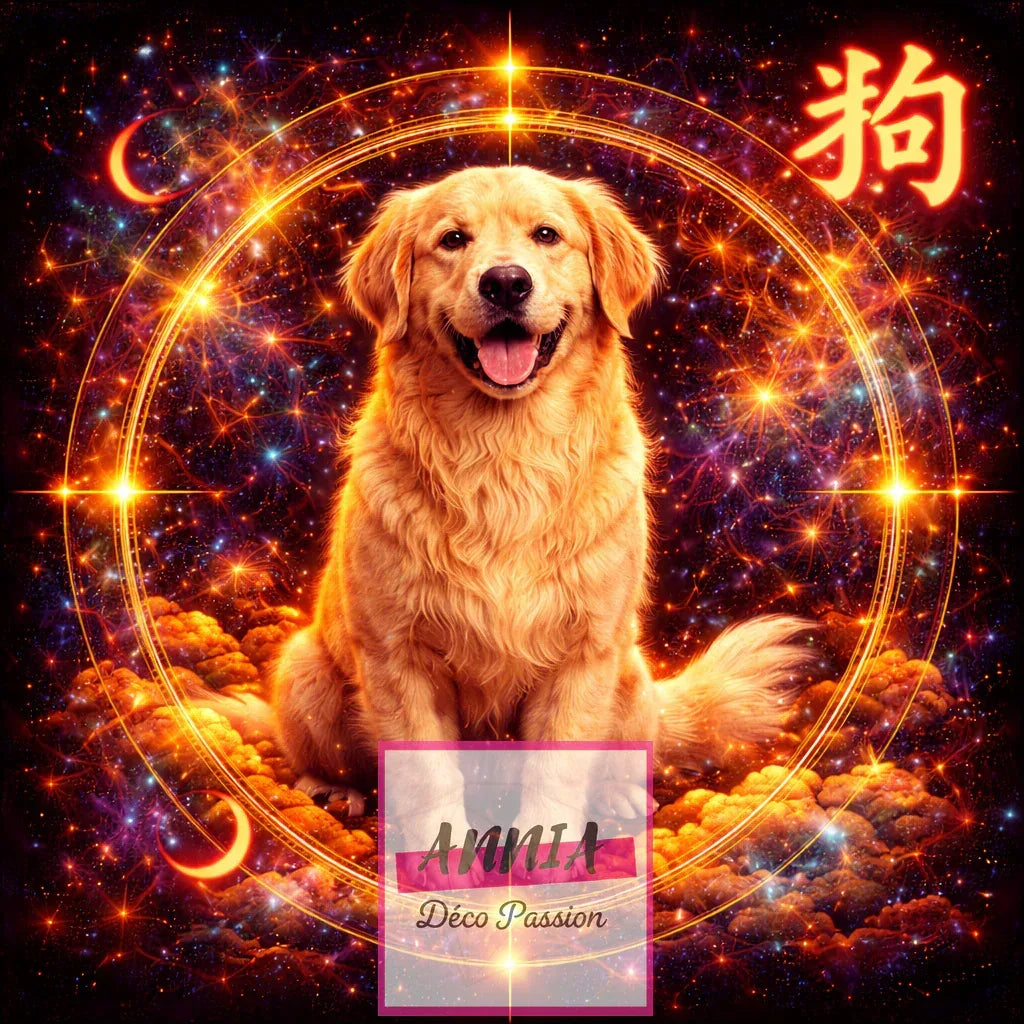 Toile de peinture diamant avec chien doré dans cercle zodiac et caractère chinois 狗