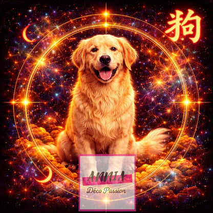 Toile de peinture diamant avec chien doré dans cercle zodiac et caractère chinois 狗