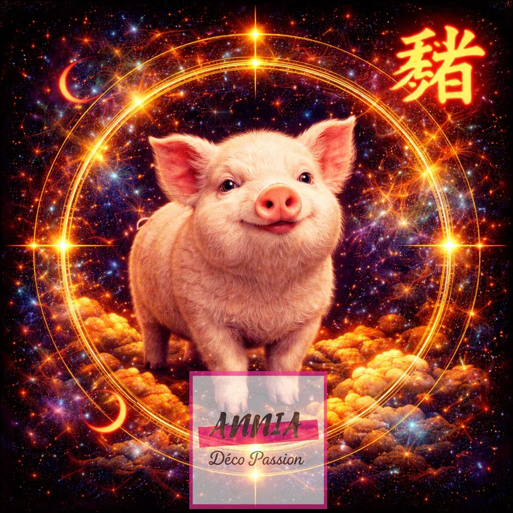 Kit de peinture diamant : cochon asiatique dans un cercle lumineux, fond étoilé