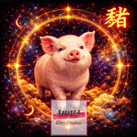 Kit de peinture diamant : cochon asiatique dans un cercle lumineux, fond étoilé