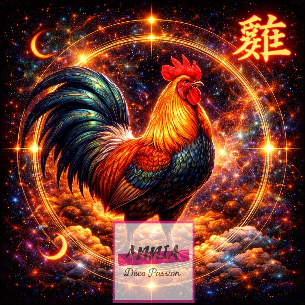 Toile de peinture au diamant représentant un coq dans un cercle cosmique, fond sombre.