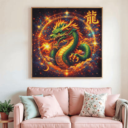 Toile de peinture par diamants: dragon chinois vert et rouge sur fond noir.