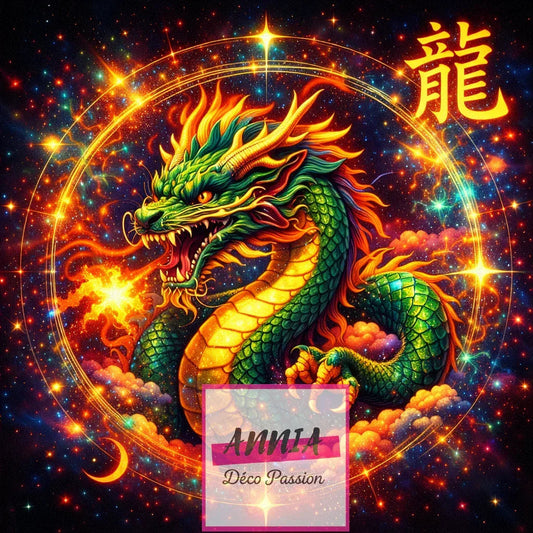 Peinture par diamants: dragon chinois coloré vert-rouge sur fond étoilé noir.