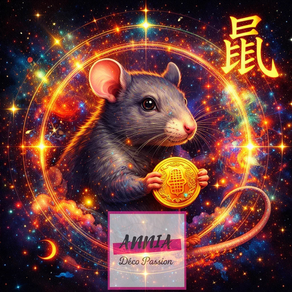 Peinture diamant : souris du zodiaque chinois tenant un médaillon doré, sur toile.