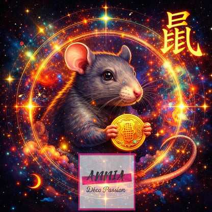 Peinture diamant : souris du zodiaque chinois tenant un médaillon doré, sur toile.