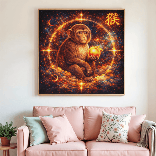 Toile de peinture diamant singe astrologique chinois dans un cercle d’étoiles, fruit doré