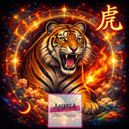 Peinture diamant Tigre flamboyant, cercle d’étoiles, case « Déco Passion »