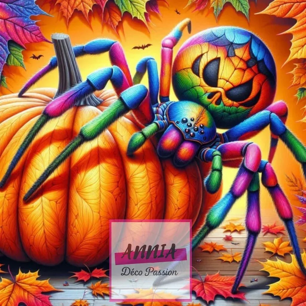 Toile de peinture diamant Halloween : grande araignée multicolore sur citrouille et feuilles.