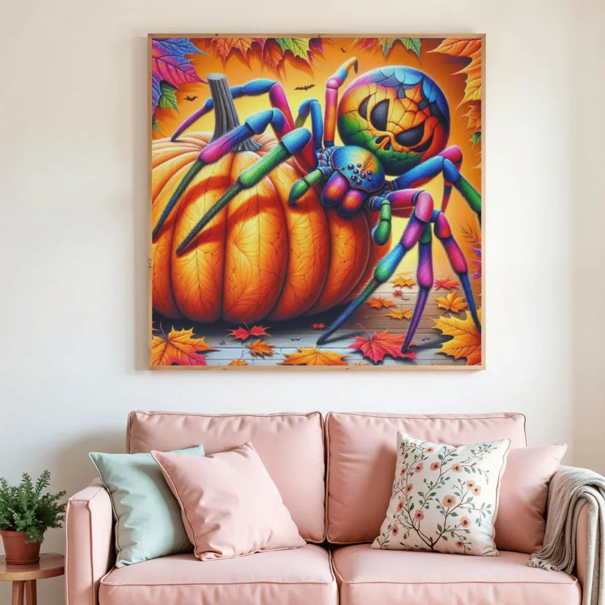Toile de peinture diamant encadrée : araignée colorée sur citrouille, feuilles d’automne.