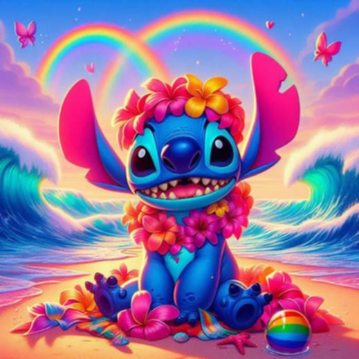 🌴💙 Titre : Stitch à la Plage – Esprit Aloha