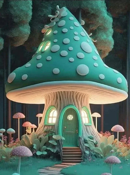 Maison champignon verte, toit vert à pois blancs, porte et escaliers verts.