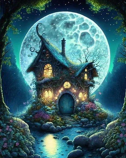 Maison miniature dans la lune, façade avec fenêtres et porte, décor nocturne.