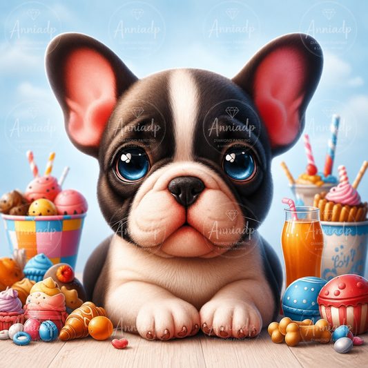 Motif de bouledogue gourmand en broderie au point de croix, visuel détaillé