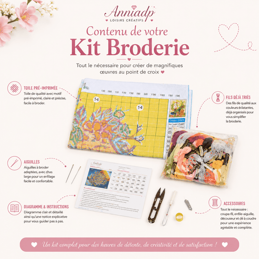 Kit de broderie point de croix : toile pré-imprimée, aiguilles, instructions