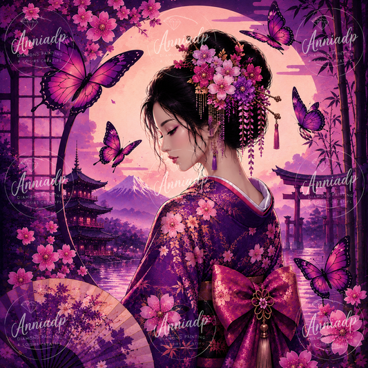 Toile de point de croix avec motif de geisha et papillons violets et roses