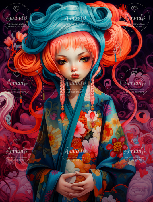 Personnage illustré, cheveux bleus et orange, tenue fleurie colorée
