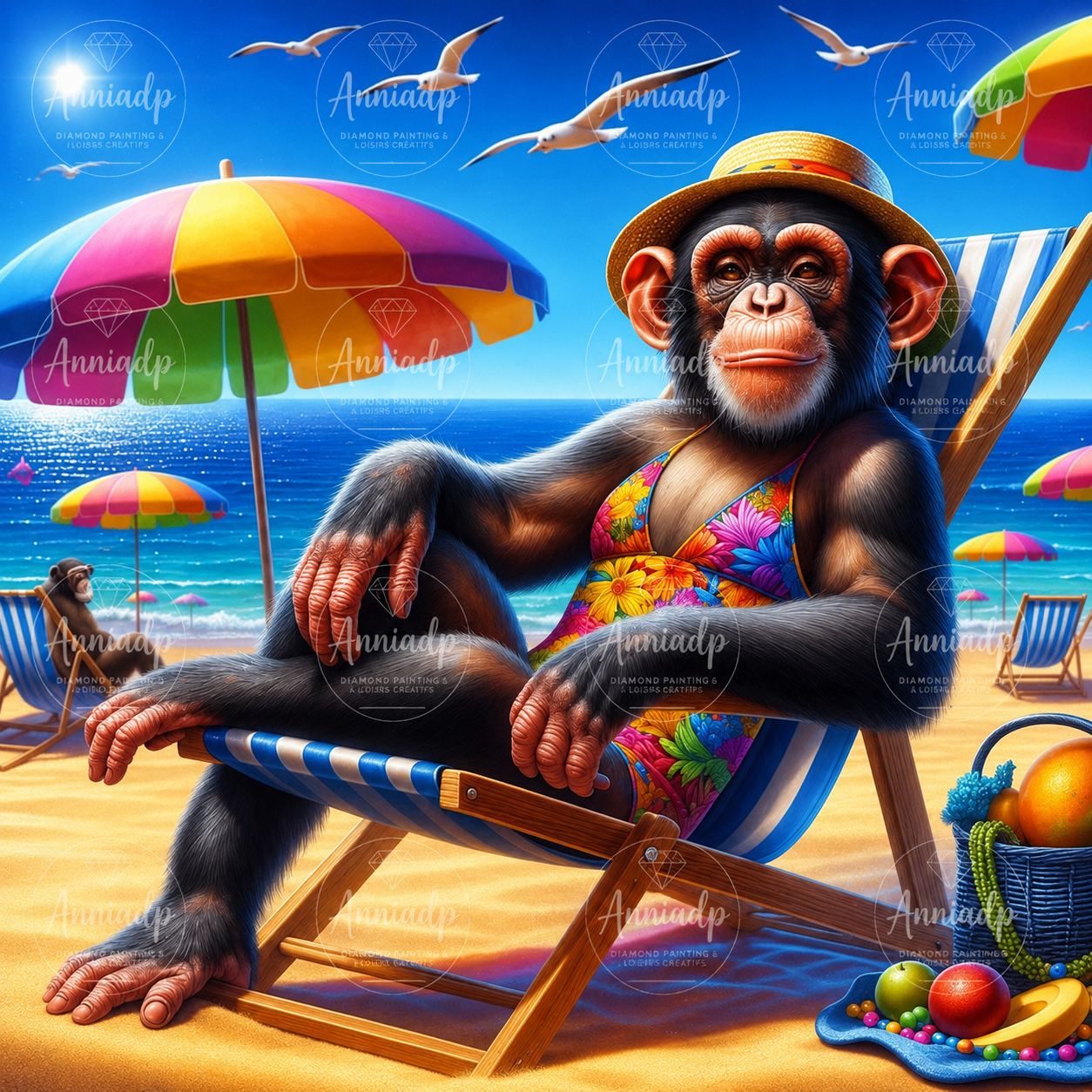 Kit de point de croix au motif de singe à la plage, chapeau et maillot multicolores.