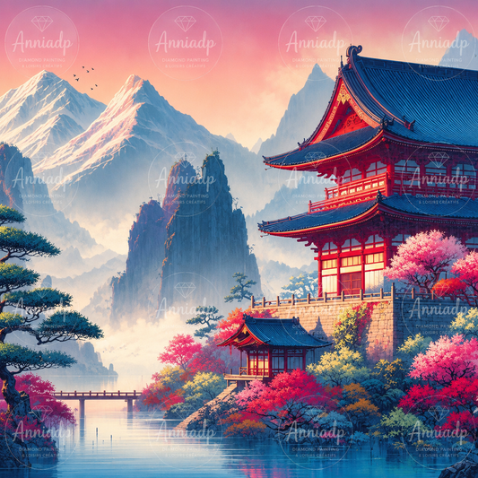 Kit de point de croix au motif temple japonais et montagnes.