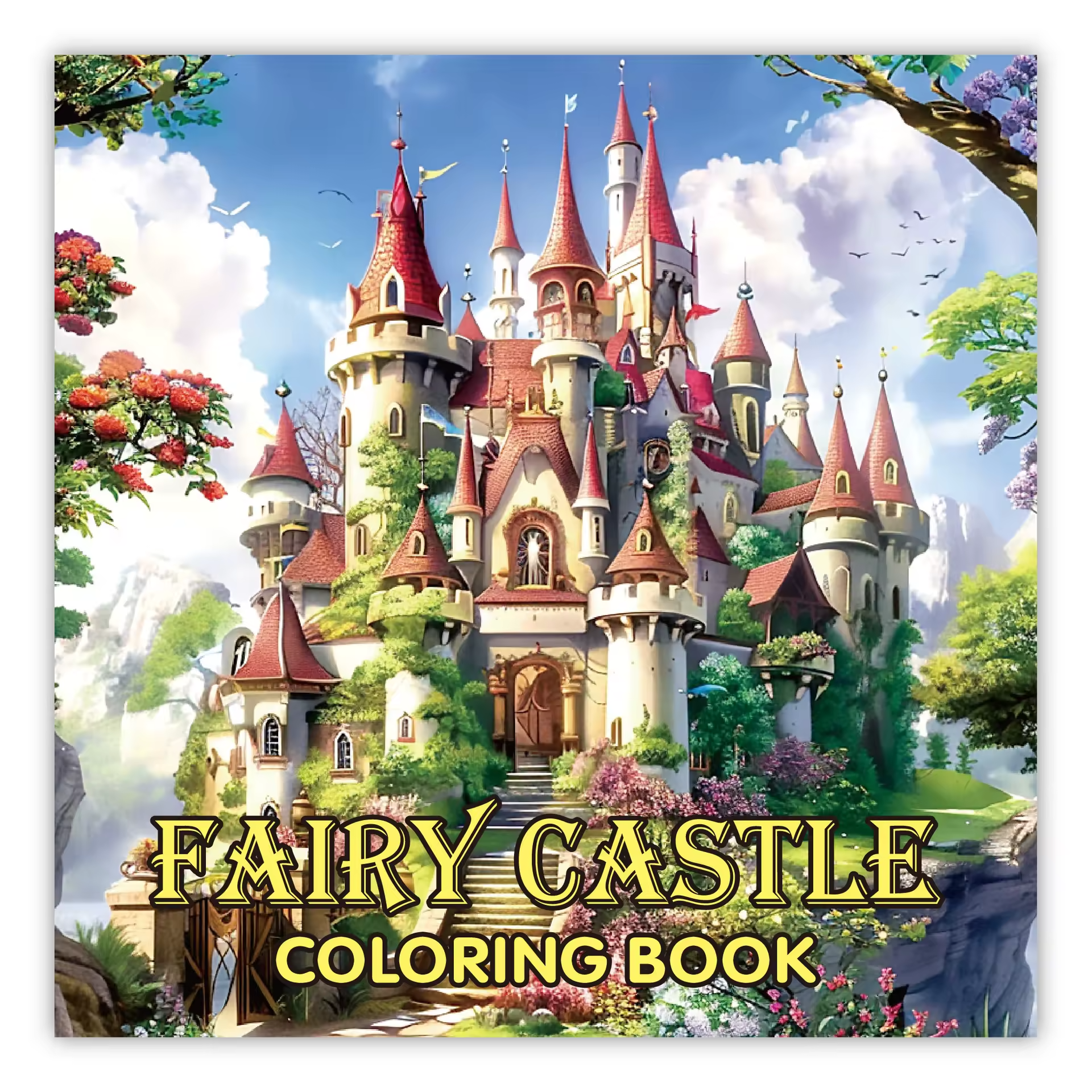 Livre de coloriage château féerique, couverture avec château et fleurs