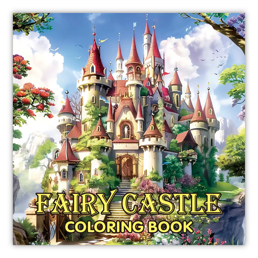 Livre de coloriage château féerique, couverture avec château et fleurs