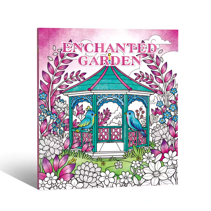 Couverture de livre de coloriage Enchanted Garden avec kiosque, fleurs et oiseaux.