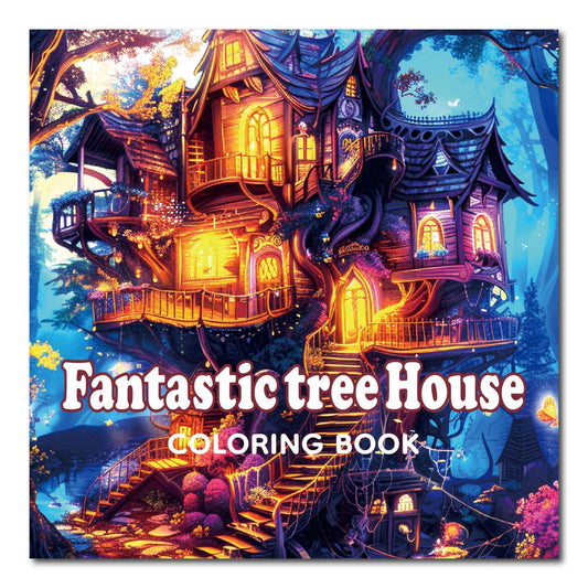 Livre de coloriage: maison dans un arbre fantastique, couverture illustrée lumineuse.