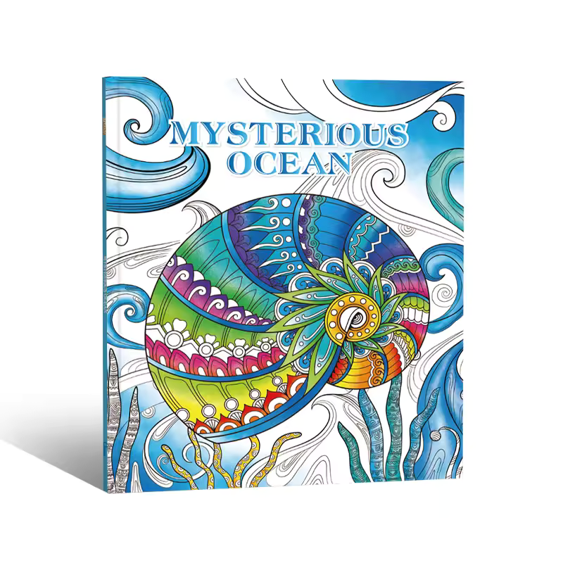 Livre de coloriage pour l’océan mystérieux, couverture avec mandala et motifs marins