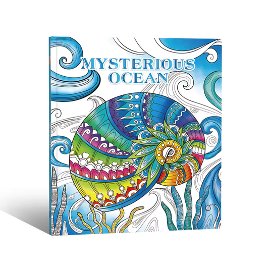 Livre de coloriage pour l’océan mystérieux, couverture avec mandala et motifs marins