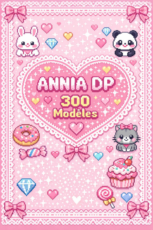 Livret Diamond Pixel 300 modèles PDF, couverture rose avec panda et cœurs, titre « Anna DP »