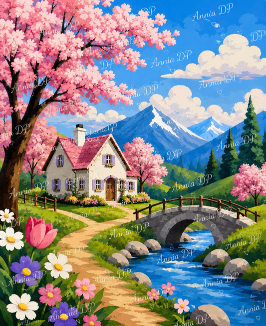 Toile de peinture au numéro : maison au bord de la rivière, fleurs roses et pont
