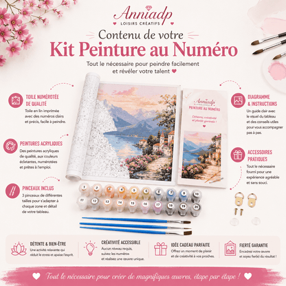 Kit de peinture au numéro: toile numérotée, pots de peinture et pinceaux