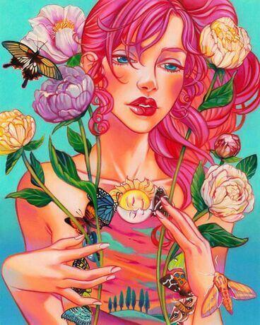 Portrait de femme en peinture au numéro, cheveux roses, fleurs et papillons