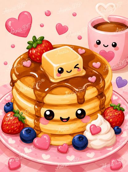 Peinture au numéro Pancakes Kawaii : pancakes souriants, fraises, myrtilles et cœurs.