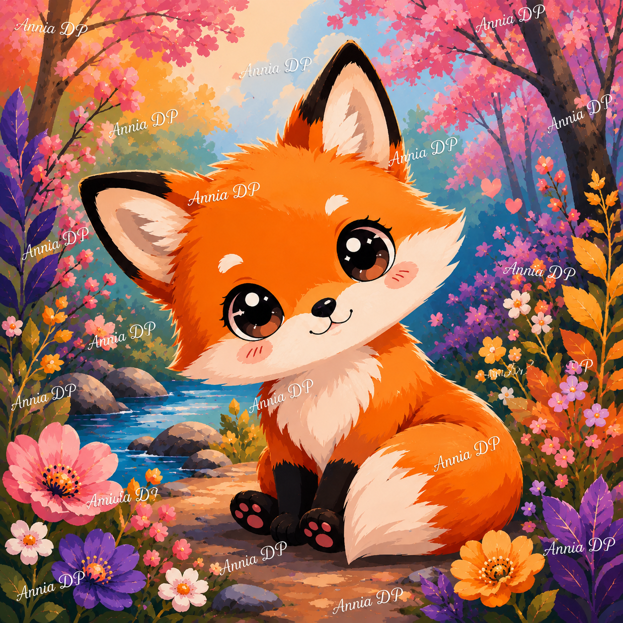 Peinture au numéro : renard roux avec fleurs et fond de rivière, motif floral