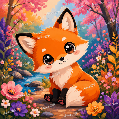Peinture au numéro : renard roux avec fleurs et fond de rivière, motif floral