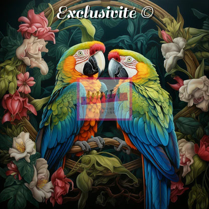 Toile de perroquets multicolores avec deux oiseaux et fleurs tropicales autour
