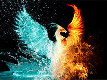 Toile de peinture diamant Phoenix eau et feu, motif phénix bleu et orange