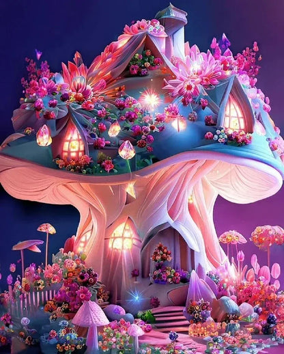 Paysage champignon rose décoré de fleurs et petites lanternes lumineuses.